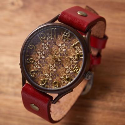 ふるさと納税 大津市 伝統工芸[寄木細工]極小切違デザインの文字盤 ハンドメイドウォッチ Xサイズ ベルトカラー:赤