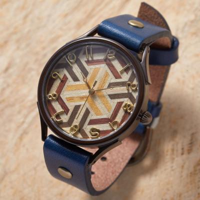 ふるさと納税 大津市 伝統工芸[寄木細工]亀甲デザインの文字盤 ハンドメイドウォッチ Xサイズ ベルトカラー:茄子紺