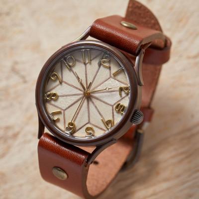 ふるさと納税 大津市 伝統工芸[寄木細工]白麻ノ葉デザインの文字盤 ハンドメイドウォッチ Lサイズ ベルトカラー:茶