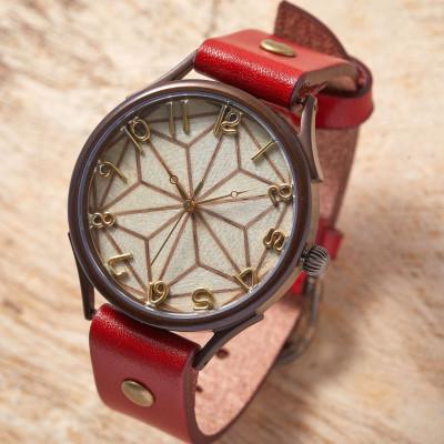 ふるさと納税 大津市 伝統工芸[寄木細工]白麻ノ葉デザインの文字盤 ハンドメイドウォッチ Xサイズ ベルトカラー:赤