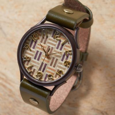 ふるさと納税 大津市 伝統工芸[寄木細工]崩し(斜め)の文字盤 ハンドメイドウォッチ Lサイズ ベルトカラー:オリーブ