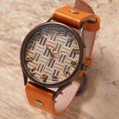 ふるさと納税 大津市 伝統工芸[寄木細工]崩し斜めデザインの文字盤 ハンドメイドウォッチ Xサイズ ベルトカラー:蜜柑