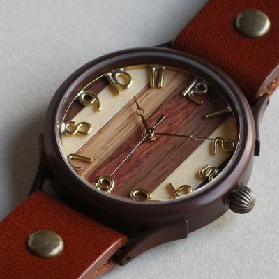ふるさと納税 大津市 [5種類の天然樹木]を組み合わせて作った腕時計 Lサイズ インデックス有 ベルトカラー:茶