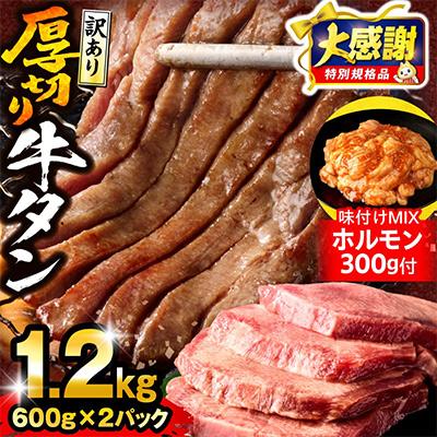 ふるさと納税 宮崎市 訳あり 厚切り 牛タン 塩味 約1.2kg(宮崎産岩塩使用)+味付けMIXホルモン300g