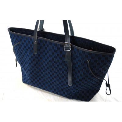 ふるさと納税 井原市 市松デニム生地のトートバッグL(市松ダーク革ネイビー)