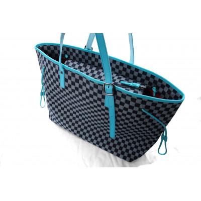 ふるさと納税 井原市 市松デニム生地のトートバッグL(市松ライト革ターコイズ)