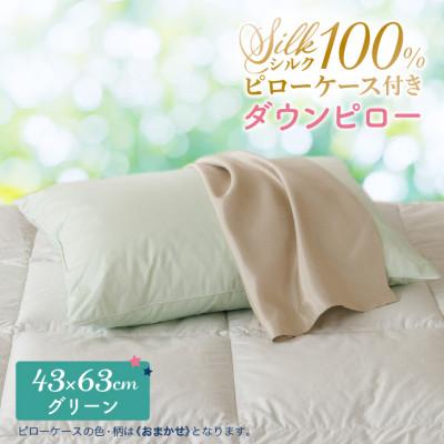 ふるさと納税 花巻市 シルクピローケース付き ダウンピロー[ふつうサイズ:43×63cm・グリーン]羽毛枕