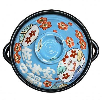 ふるさと納税 瑞浪市 名前が入るわが家の土鍋8号 (3〜4名用)ガス&amp;IH対応[夕立うさぎ柄/空色]美濃焼[WG809U]