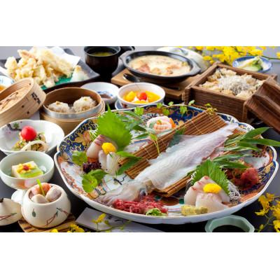 ふるさと納税 唐津市 展望お食事処「唐津茶屋」にて唐津湾や唐津城を眺めながらのお食事。イカ活き造り付き会席ペア食事券