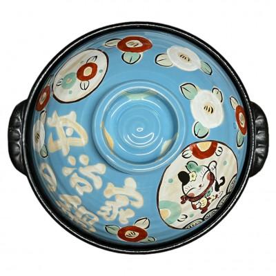 ふるさと納税 瑞浪市 名前が入るわが家の土鍋9号(5〜6名用)ガス&amp;IH対応[三吉ねこ/空色]美濃焼[WG909S]