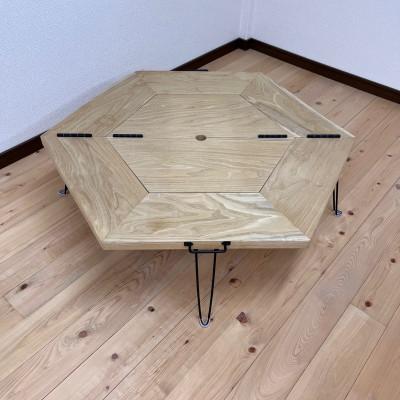 ふるさと納税 河南町 [杉]天然木材で作った 折り畳みヘキサテーブル 室内室外兼用