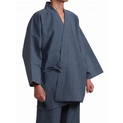 ふるさと納税 牧之原市 織り・縫製・地元遠州製 綿麻楊柳作務衣(無地) [青鼠、Lサイズ]