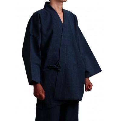 ふるさと納税 牧之原市 織り・縫製・地元遠州製 綿麻楊柳作務衣(無地) [濃紺、LLサイズ]