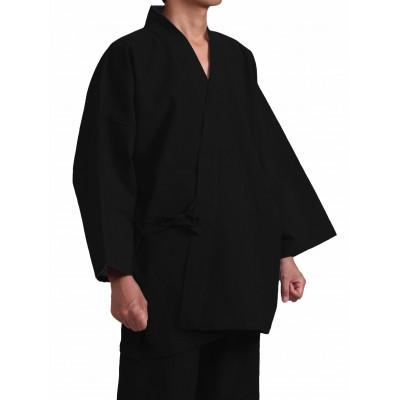 ふるさと納税 牧之原市 織り・縫製・地元遠州製 綿麻楊柳作務衣(無地) [黒、Lサイズ]