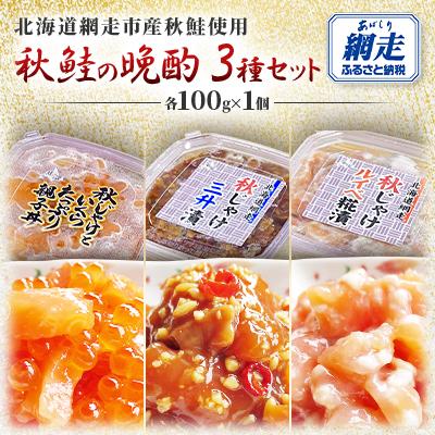ふるさと納税 網走市 秋鮭の晩酌3種セット[秋じゃけといくらの親子漬、三升漬、ルイベ糀漬]北海道網走市産秋鮭使用