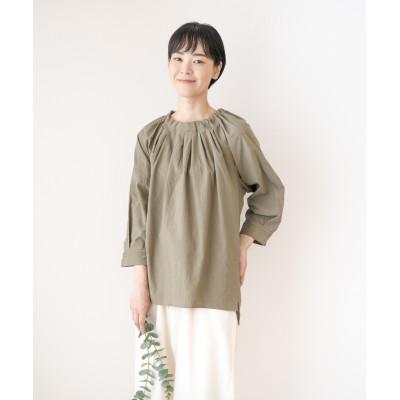 ふるさと納税 笠松町 [洗える/柔らか/草木染め]コットンかぶりタックブラウス ログウッドエンジュ(カーキ)
