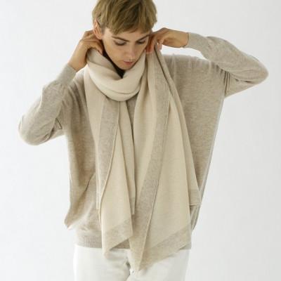 ふるさと納税 北上市 [UTOカシミヤ]額縁配色 天使のストール(エクルベージュ×サンド)