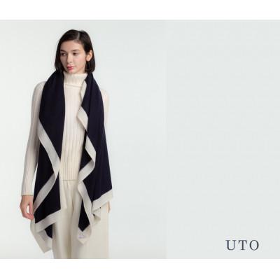 ふるさと納税 北上市 [UTOカシミヤ]額縁配色 天使のストール(ネイビー×オフホワイト)