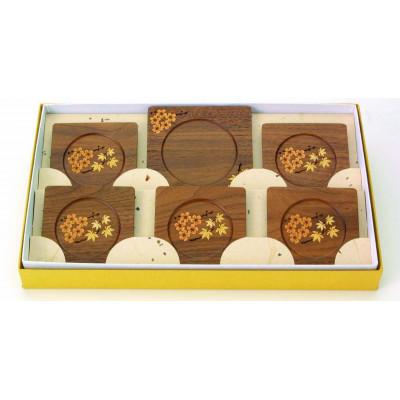 ふるさと納税 北上市 夢工房 木象嵌 茶托・急須台セット 桜紅葉 木製の茶托5枚と急須台1枚入り