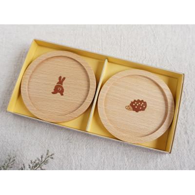 ふるさと納税 北上市 木象嵌 森コースター(うさぎ・はりねずみ)2枚セット 木製[夢工房]