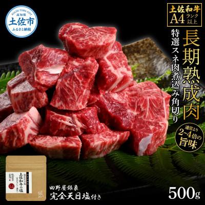 ふるさと納税 土佐市 土佐和牛 特選スネ肉煮込み角切り500g 田野屋銀象完全天日塩1P付き