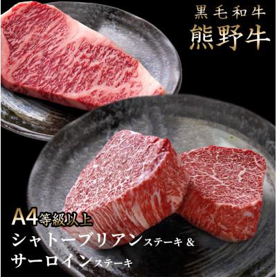 ふるさと納税 かつらぎ町 熊野牛A4以上ヒレシャトーブリアンステーキ100g×2枚&amp;霜降りサーロインステーキ180g×2枚