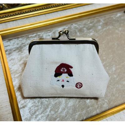 ふるさと納税 吉富町 動物愛護 がま口ポーチ 七福にゃん 生成