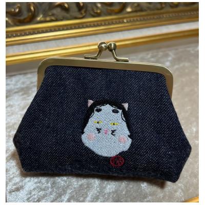 ふるさと納税 吉富町 動物愛護 がま口ポーチ おかめにゃん インディゴ