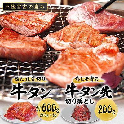 ふるさと納税 宮古市 宮古の塩だれ厚切り牛タン600g(200g×3)・宮古の赤しそ香る牛タン先切り落とし200g