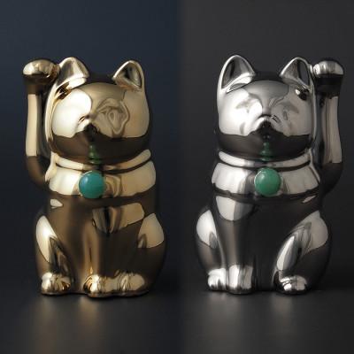 ふるさと納税 瀬戸市 [招き猫]瀬戸焼 Jeramic 2体セット ゴールド&amp;プラチナ アベンチュリン(5月)