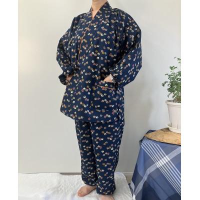 ふるさと納税 田原本町 日本の伝統婦人作務衣 民芸調 ふくろう柄文様