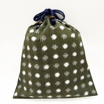 ふるさと納税 久留米市 久留米絣の大きな巾着袋(カーキ/水玉格子柄)