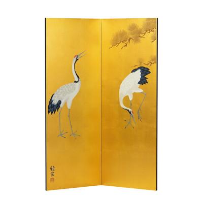 ふるさと納税 加茂市 真鍮箔金屏風「金彩大鶴」(四尺二曲)[ W42×D1.5×H112(cm)]大湊文吉商店