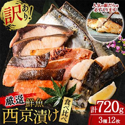 ふるさと納税 八代市 [訳あり]厳選鮮魚 西京漬け 720g 銀だら入り 食べ比べ 12枚 (4切れ×3袋)