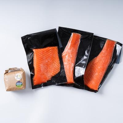 ふるさと納税 宮城県 訳ありお刺身とろサーモン約200g×3袋&ひとめぼれ米2合のセット |  | 01