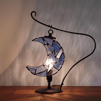 ふるさと納税 瀬戸市 Nijiiro Lamp ステンドグラスのテーブルランプ 月 ペールブルー