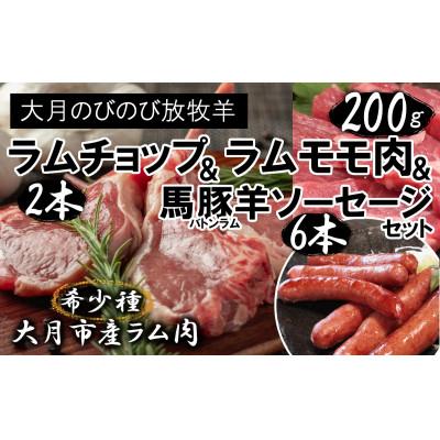 ふるさと納税 大月市 ラムチョップ2本(約200g)・ラムモモ肉2個(200g以上)・バトンラム(馬豚羊)ソーセージ2袋