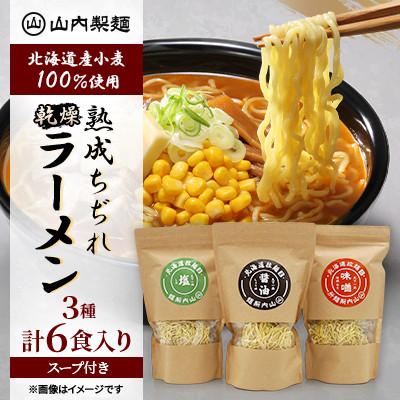 ふるさと納税 江別市 [山内製麺]工場直送!!北海道産小麦100%使用熟成ちぢれ乾燥ラーメン3種 計6食入り スープ付き