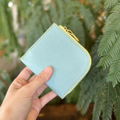ふるさと納税 屋久島町 屋久鹿レザーでお作りしたL型のお財布『島財布』ターコイズ×レモン