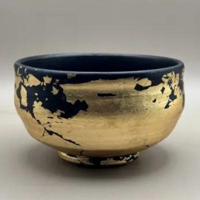 ふるさと納税 九度山町 抹茶碗 漆黒 金箔貼り (マット仕上げ)