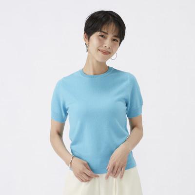 ふるさと納税 泉大津市 日本製 カシミヤ100% レディース クルーネック半袖 ターコイズブルー Lサイズ