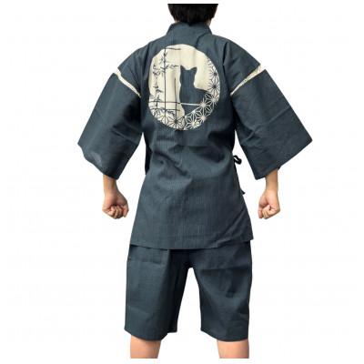 ふるさと納税 取手市 抜染柄入り しじら甚平「丸窓の猫」 紺 Mサイズ