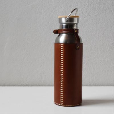 ふるさと納税 河内長野市 ステンレスボトル+本革のボトルカバーセット ブラウン 国産レザー Teha'amana