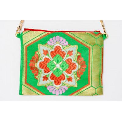 ふるさと納税 小山市 [一点ものの美しさを纏う]着物帯リメイクバッグ 緑×花柄