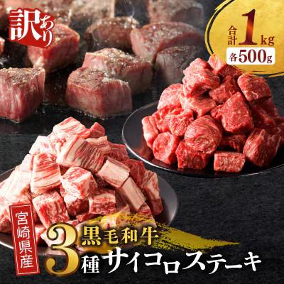 ふるさと納税 都農町 [訳あり]宮崎県産 黒毛和牛(経産牛) 3種サイコロステーキ 合計1kg[T025-0175](都農