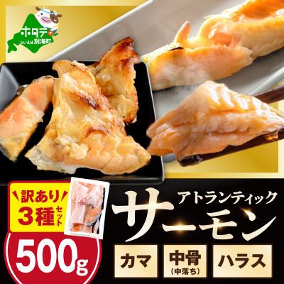 ふるさと納税 別海町 アトランティックサーモン 訳あり3種 計500g ハラス・カマ・中骨(中落ち)