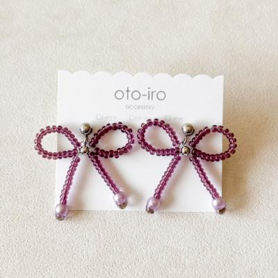 ふるさと納税 長岡京市 きゅっと結んだビーズリボンのピアス[ribbon/パープル]