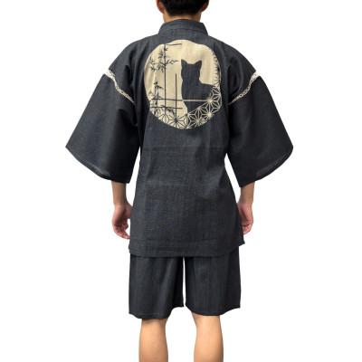 ふるさと納税 取手市 抜染柄入り しじら甚平「丸窓の猫」 グレー LLサイズ