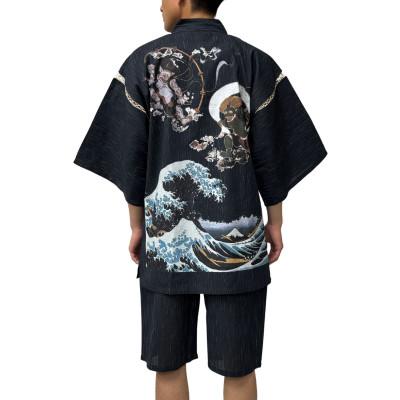 ふるさと納税 取手市 捺染プリント柄入り しじら甚平「風神雷神波カラー」 黒 3Lサイズ