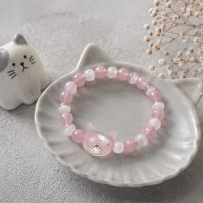 ふるさと納税 奈良市 猫玉ホタルガラスの天然石ブレスレット|ローズクオーツ&amp;キャッツアイ|キッズサイズ
